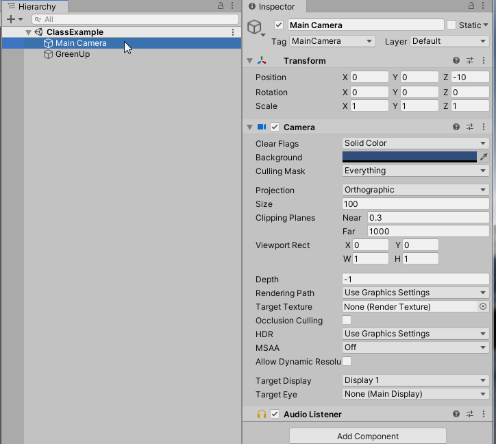 Hierarchy and Inspector windows with Main Camera selected