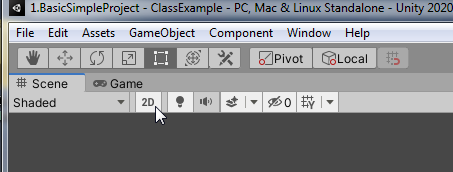 The 2D toggle at the top left of the Unity Scene window