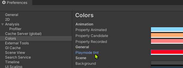 Unity Preferences window, Colors page, with Playmode tint set to red