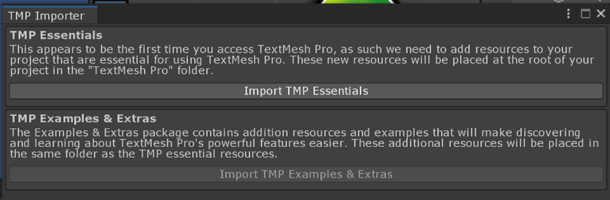 TMP Importer window with Import TMP Essentials and Import TMP Examples and Extras buttons