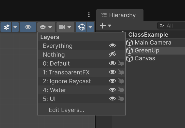 Unity 6.3 Scene view toolbar with the Layers dropdown open, showing visibility toggles for each layer, including UI, next to the Hierarchy window