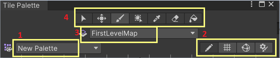 Unity Tile Palette window with four numbered areas: 1 palette name, 2 palette edit and grid buttons, 3 target Tilemap dropdown, 4 painting tools